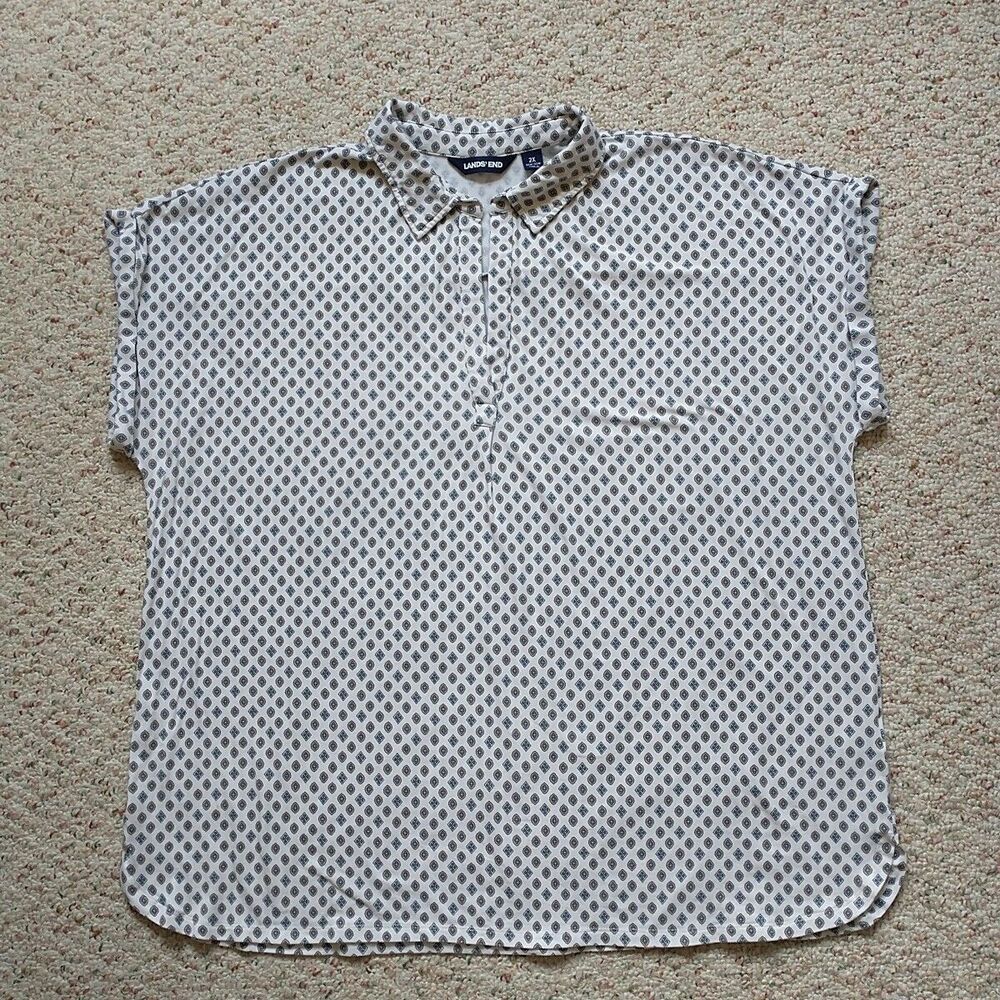 Lands End Polo Shirt Tunic Women 2X Plus White Geometric Short Sleeve Stretch